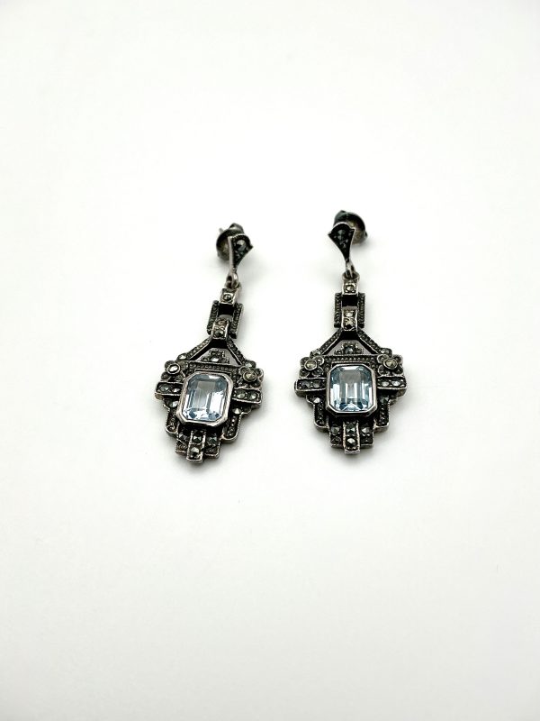 Vintage Style Sterling Silver, Marcasite & Blue Topaz Drop Earrings | Art Deco Revival 1” Earrings, 10.3g - Image 2