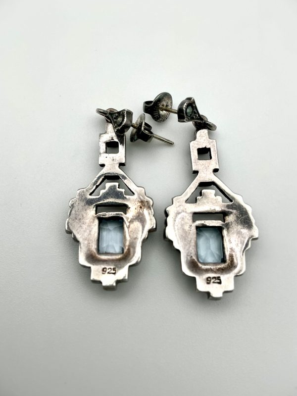Vintage Style Sterling Silver, Marcasite & Blue Topaz Drop Earrings | Art Deco Revival 1” Earrings, 10.3g - Image 3