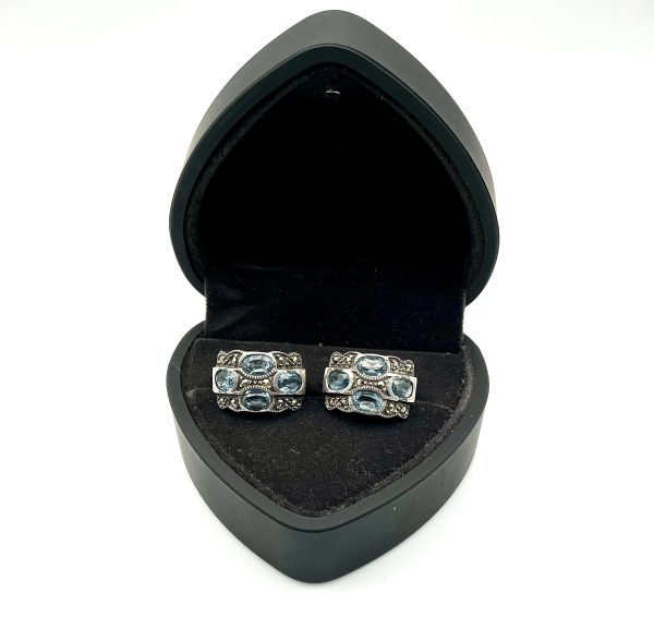 Luxury 925 Sterling Silver Blue CZ & Marcasite Clip-On Earrings, 7.2g - Image 2