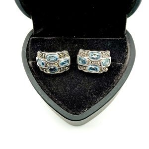Luxury 925 Sterling Silver Blue CZ & Marcasite Clip-On Earrings, 7.2g