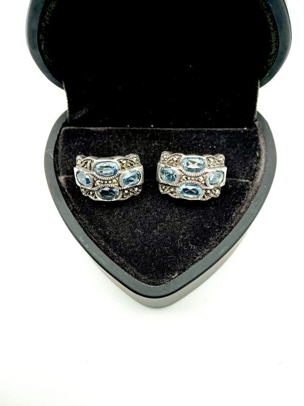 Luxury 925 Sterling Silver Blue CZ & Marcasite Clip-On Earrings, 7.2g