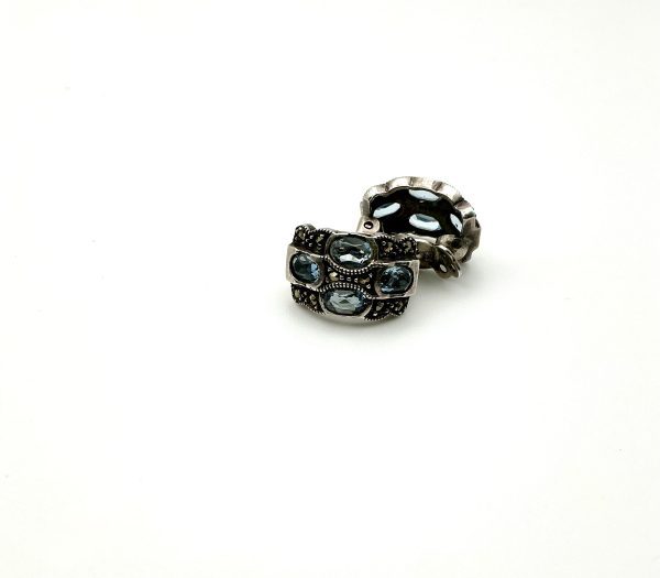 Luxury 925 Sterling Silver Blue CZ & Marcasite Clip-On Earrings, 7.2g - Image 5
