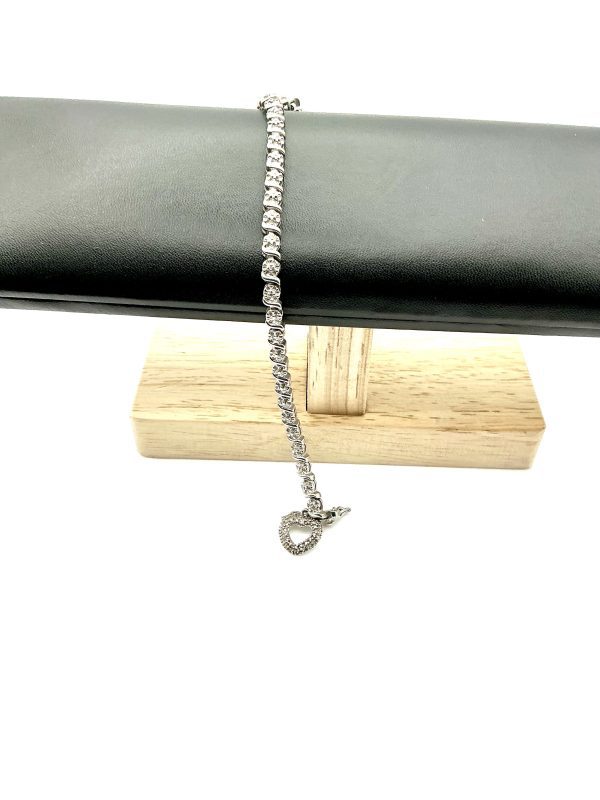 Luxury 925 Sterling Silver Marcasite Tennis Bracelet with Heart Charm, 7”, 11.4g - Image 6