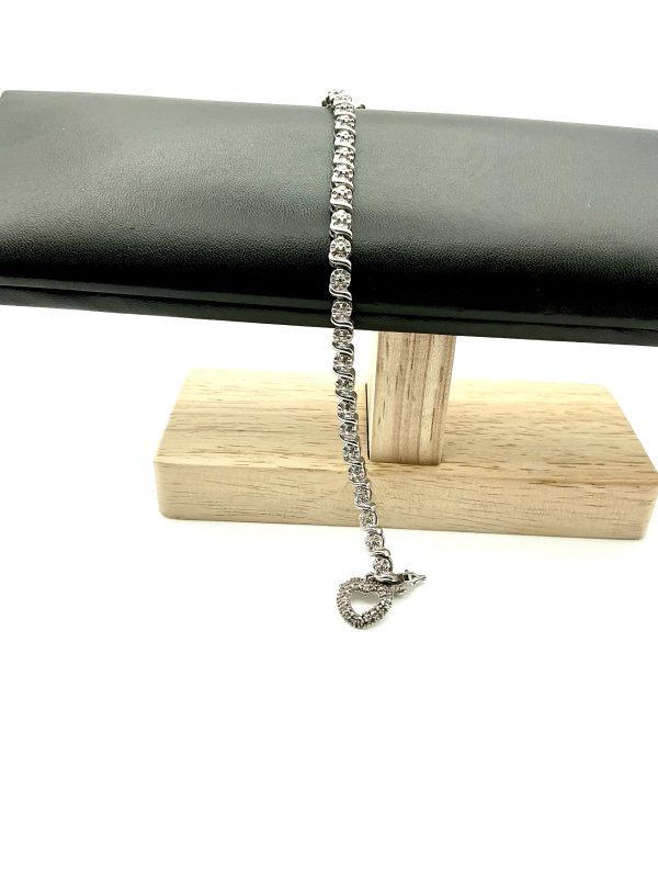 Luxury 925 Sterling Silver Marcasite Tennis Bracelet with Heart Charm, 7”, 11.4g - Image 5