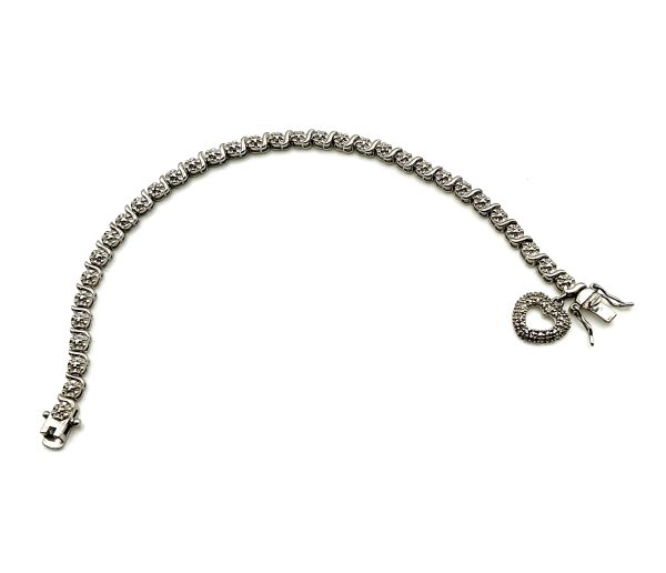 Luxury 925 Sterling Silver Marcasite Tennis Bracelet with Heart Charm, 7”, 11.4g - Image 4