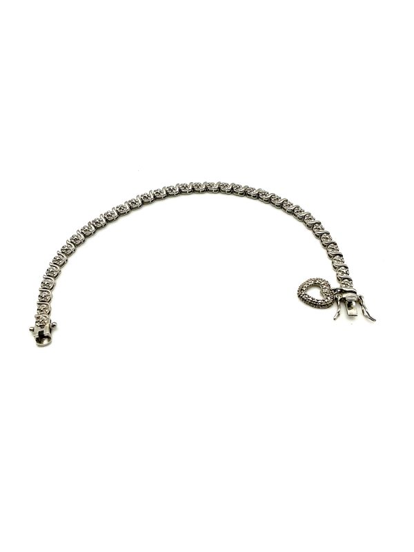 Luxury 925 Sterling Silver Marcasite Tennis Bracelet with Heart Charm, 7”, 11.4g - Image 3