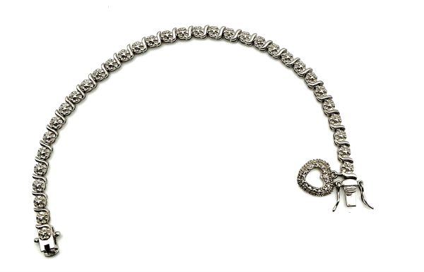 Luxury 925 Sterling Silver Marcasite Tennis Bracelet with Heart Charm, 7”, 11.4g