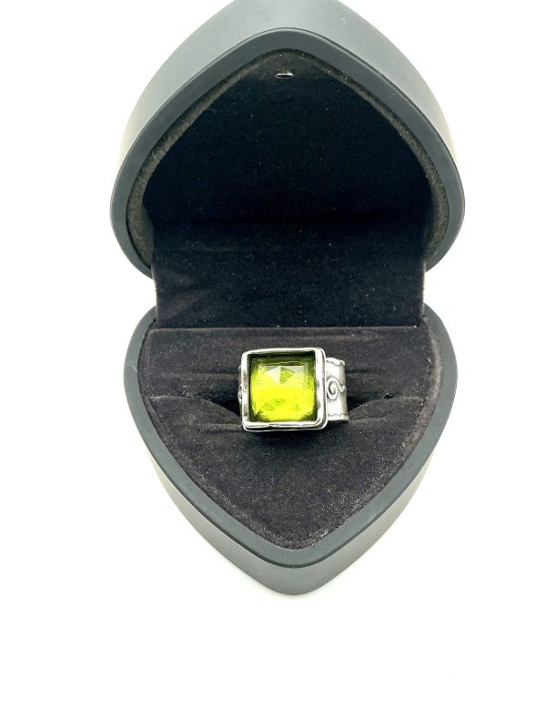 Sterling Silver Statement Ring with Green Faceted Gemstone, Size P, 10.8g