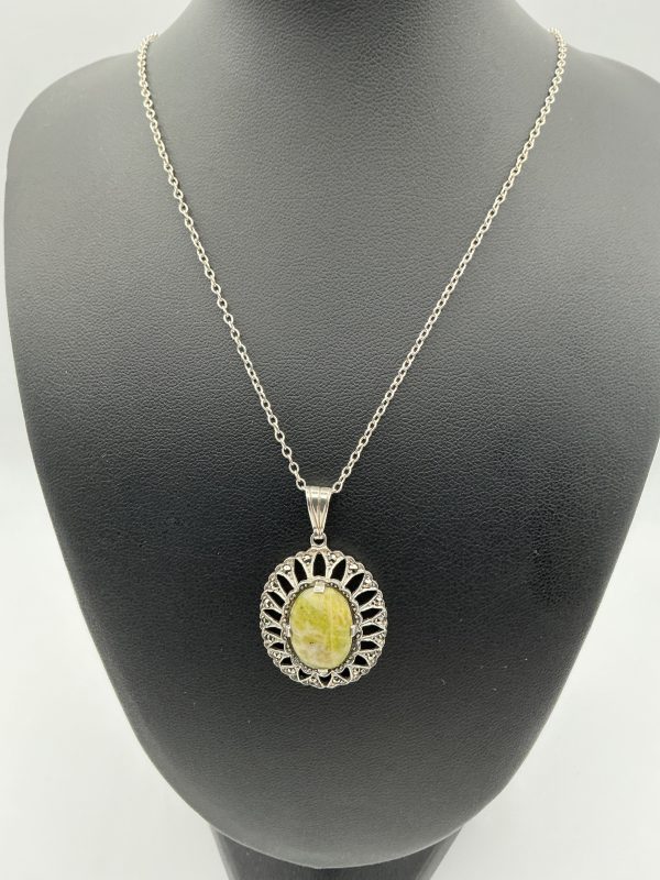 Vintage-Inspired 925 Sterling Silver Lemon Jasper & Marcasite Pendant Necklace – 16”, 6.5g - Image 4