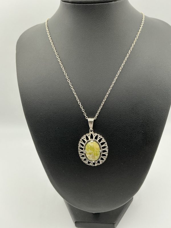 Vintage-Inspired 925 Sterling Silver Lemon Jasper & Marcasite Pendant Necklace – 16”, 6.5g - Image 2
