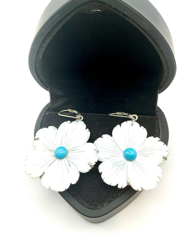 Sterling Silver Mother of Pearl & Turquoise Floral Drop Earrings – 8g - Image 5