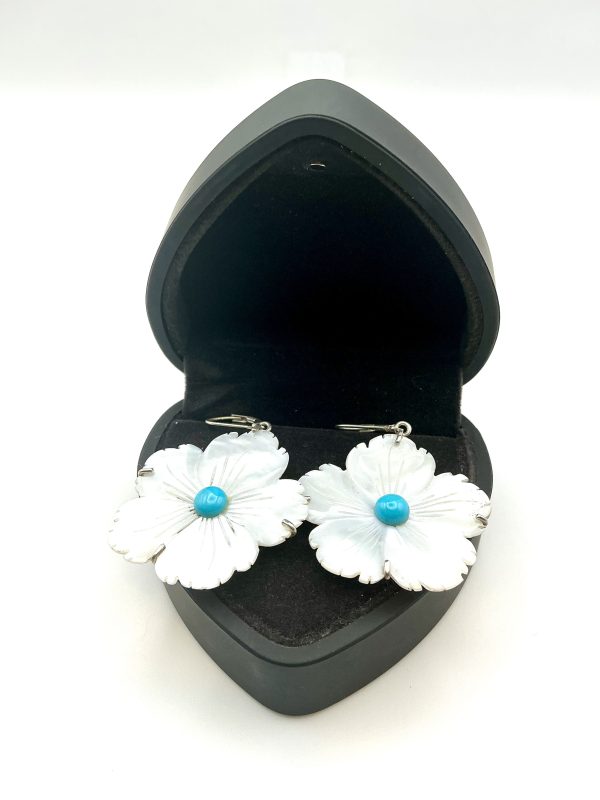 Sterling Silver Mother of Pearl & Turquoise Floral Drop Earrings – 8g - Image 4