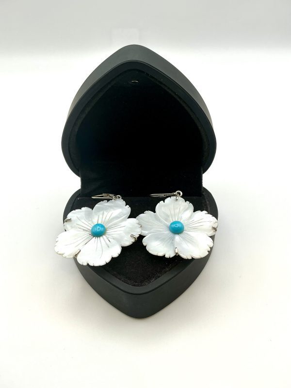 Sterling Silver Mother of Pearl & Turquoise Floral Drop Earrings – 8g - Image 3
