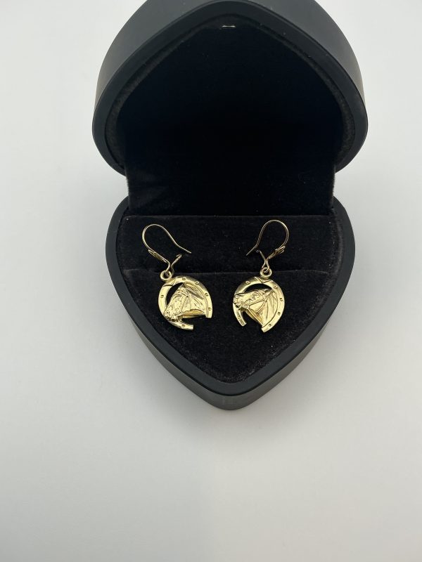 9K Yellow Gold Horse & Horseshoe Drop Earrings – 1.4g - Image 7