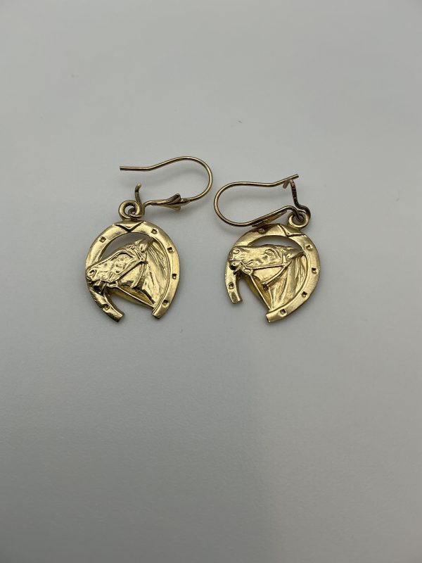 9K Yellow Gold Horse & Horseshoe Drop Earrings – 1.4g - Image 6