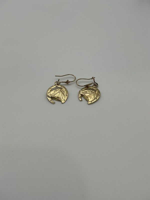 9K Yellow Gold Horse & Horseshoe Drop Earrings – 1.4g - Image 5