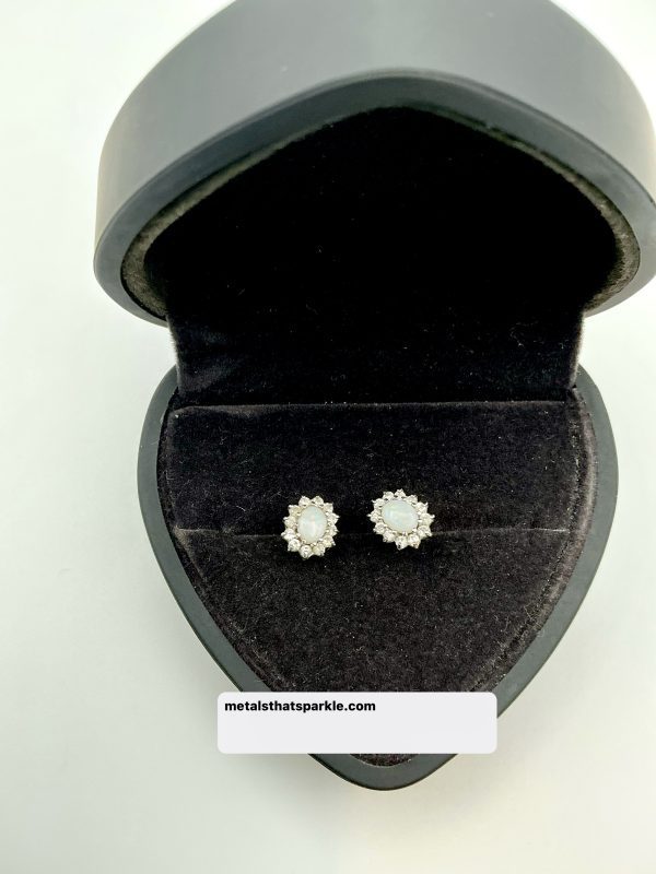 Vintage 9ct White Gold Opal & Clear Stone Halo Stud Earrings – 5x4mm Oval, Hallmarked 375 - Image 5