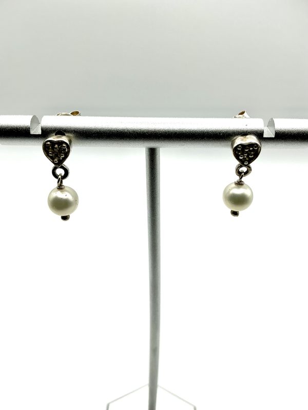 Silver Heart Drop Earrings with Faux Pearls & Glass Stones – 2g - Image 6