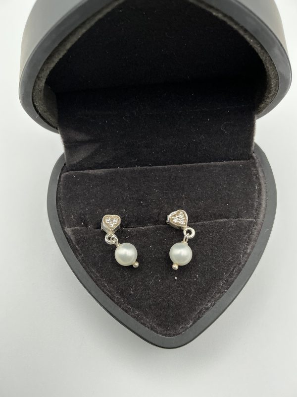 Silver Heart Drop Earrings with Faux Pearls & Glass Stones – 2g - Image 3