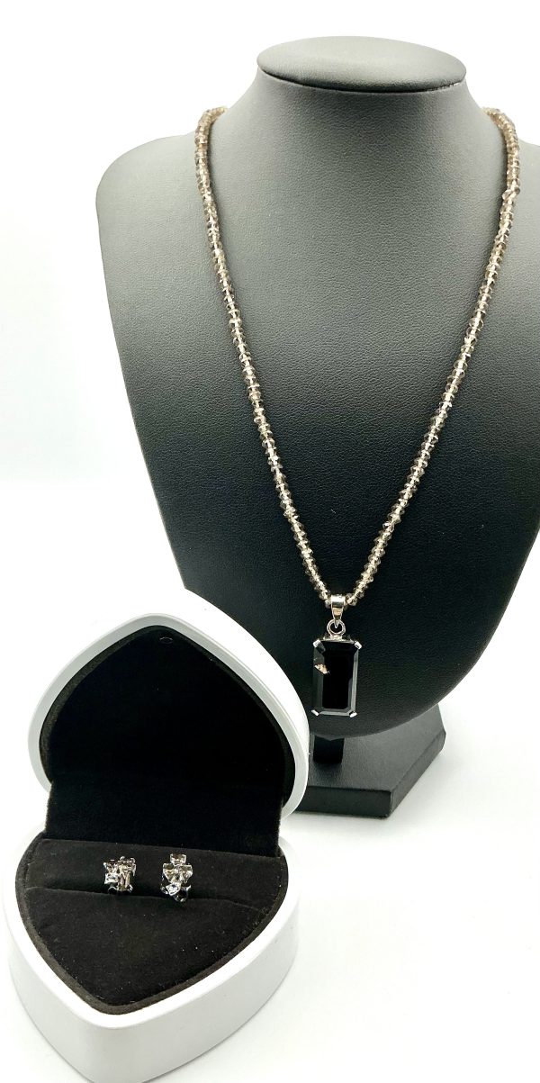 Sterling Silver Smoky Quartz Necklace, Pendant & Topaz Stud Earrings Set – 50ct Total - Image 2