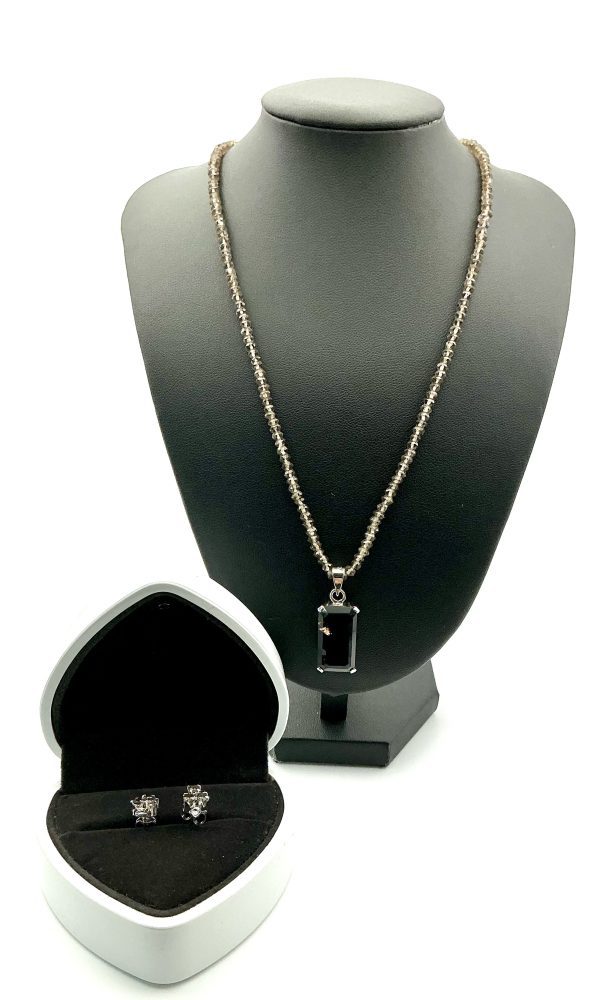 Sterling Silver Smoky Quartz Necklace, Pendant & Topaz Stud Earrings Set – 50ct Total - Image 10