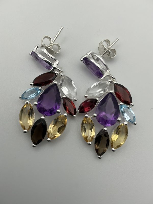 925 Sterling Silver Multigemstone Cascade Drop Earrings – Amethyst, Garnet, Citrine, Smoky Quartz & White Spinel – 9.7g - Image 2