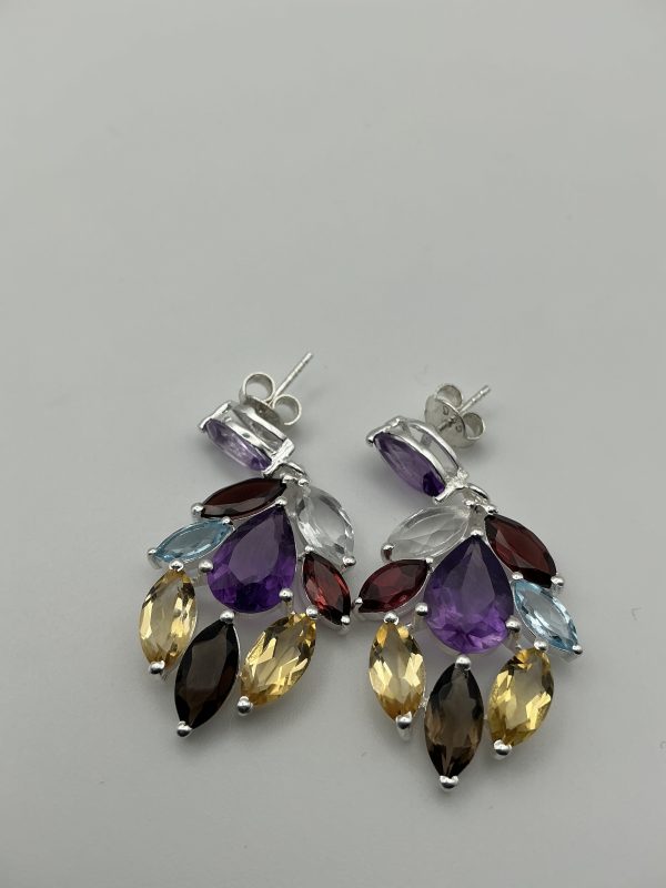 925 Sterling Silver Multigemstone Cascade Drop Earrings – Amethyst, Garnet, Citrine, Smoky Quartz & White Spinel – 9.7g - Image 3