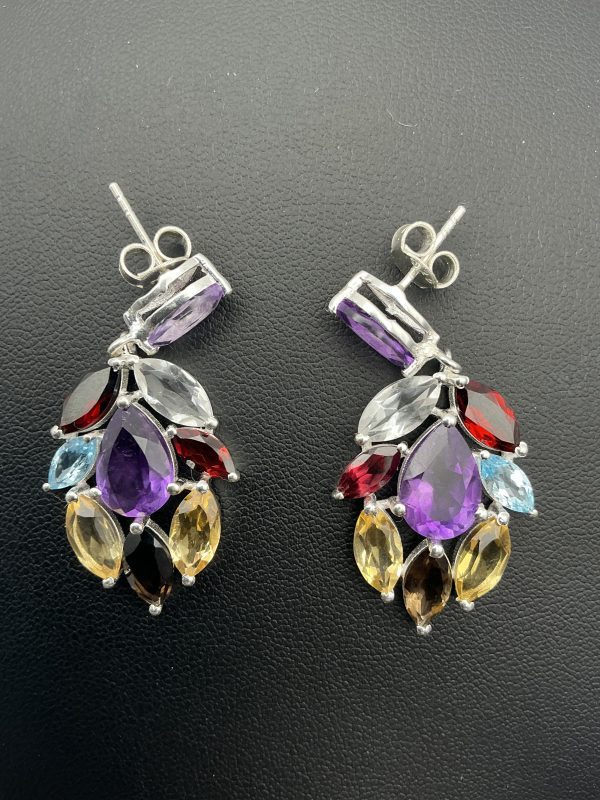 925 Sterling Silver Multigemstone Cascade Drop Earrings – Amethyst, Garnet, Citrine, Smoky Quartz & White Spinel – 9.7g - Image 5