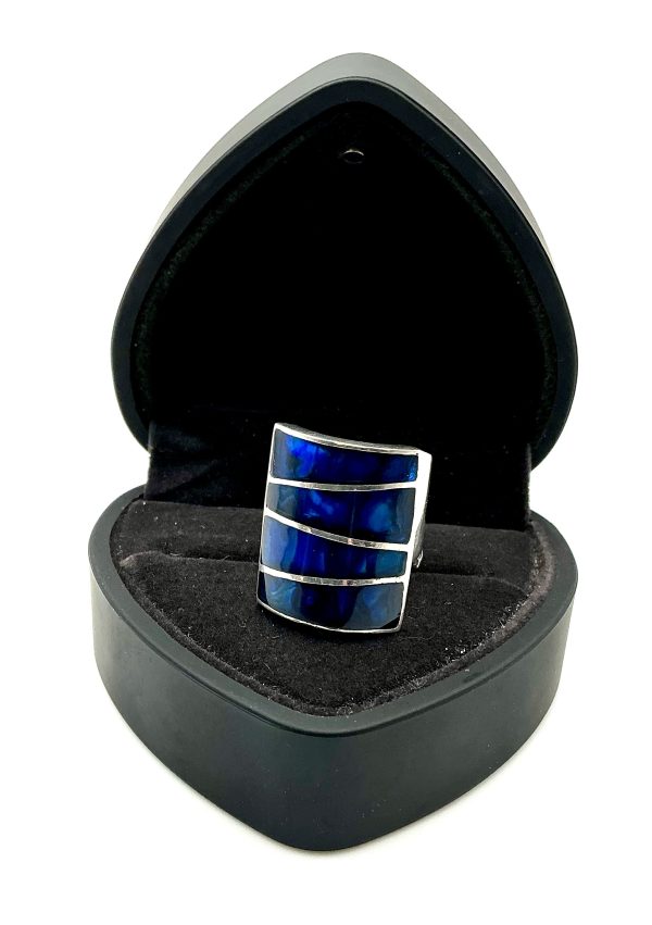 Sterling Silver & Deep Blue Abalone Shell Wide Adjustable Statement Ring – 10.9g - Image 3