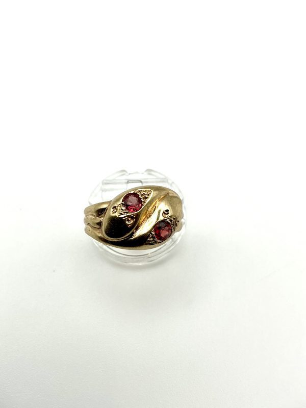 Victorian 1887 9ct Gold Double Serpent Ring with Garnets – Antique Chester Assay, Size U/V - Image 7