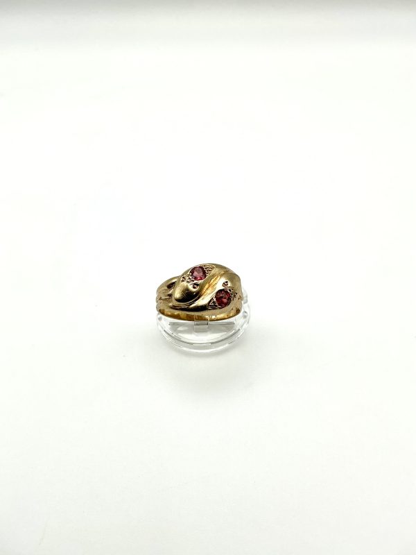 Victorian 1887 9ct Gold Double Serpent Ring with Garnets – Antique Chester Assay, Size U/V - Image 6