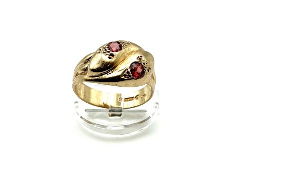 Victorian 1887 9ct Gold Double Serpent Ring with Garnets – Antique Chester Assay, Size U/V - Image 5