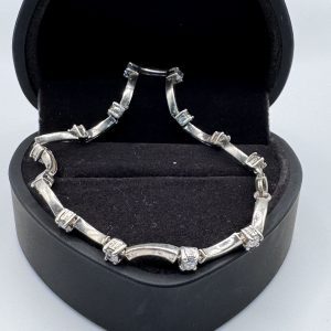925 Sterling Silver Curved Link Bracelet with Diamond-Quality CZ – 7” Length, 8.2g