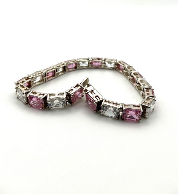 Luxury 925 Sterling Silver Pink and Clear Glass Tennis Bracelet, 7” Length, 27.3 - Image 7