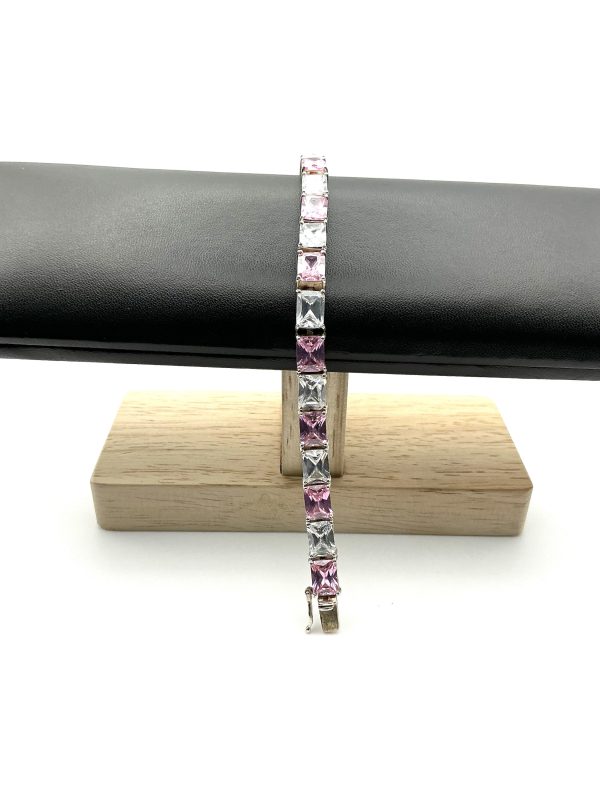 Luxury 925 Sterling Silver Pink and Clear Glass Tennis Bracelet, 7” Length, 27.3 - Image 4