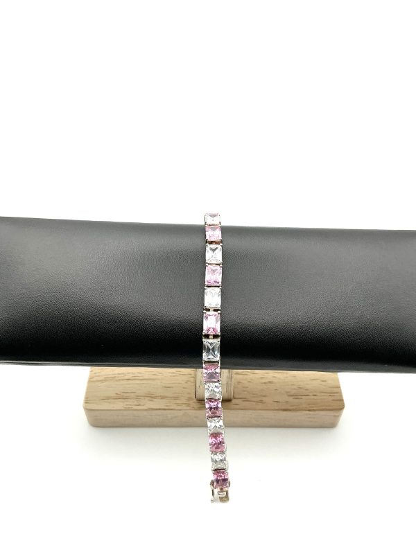 Luxury 925 Sterling Silver Pink and Clear Glass Tennis Bracelet, 7” Length, 27.3 - Image 3