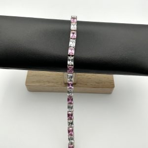 Luxury 925 Sterling Silver Pink and Clear Glass Tennis Bracelet, 7” Length, 27.3