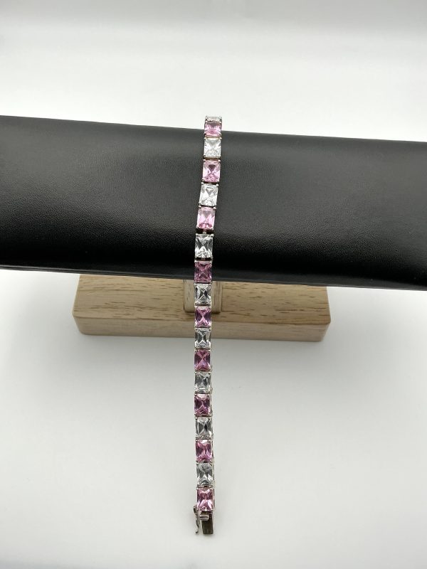 Luxury 925 Sterling Silver Pink and Clear Glass Tennis Bracelet, 7” Length, 27.3