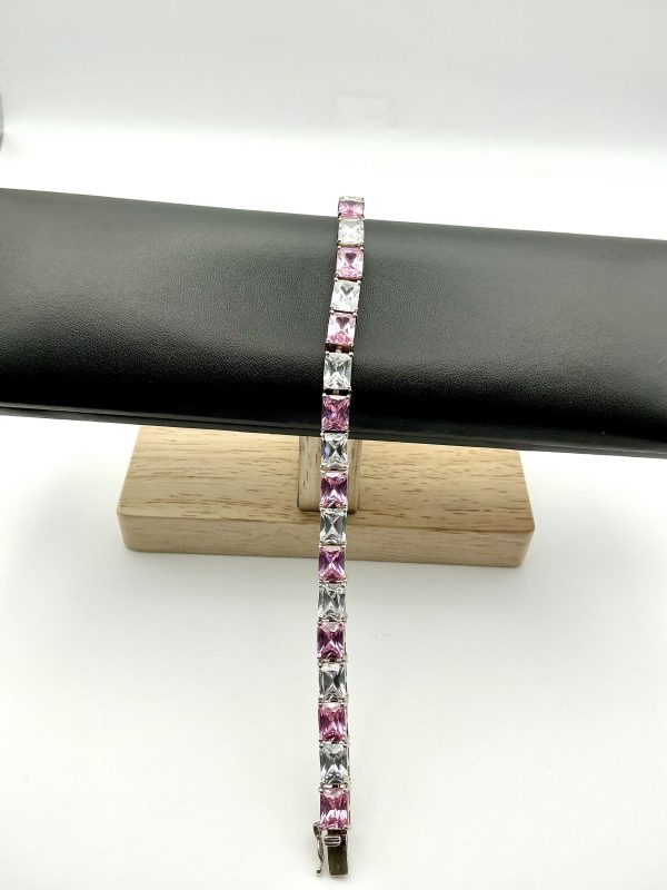 Luxury 925 Sterling Silver Pink and Clear Glass Tennis Bracelet, 7” Length, 27.3 - Image 2