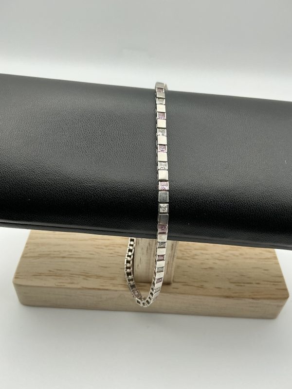 Luxury 925 Silver Pink & Clear Glass Tennis Bracelet, 7” Length, 8.2g