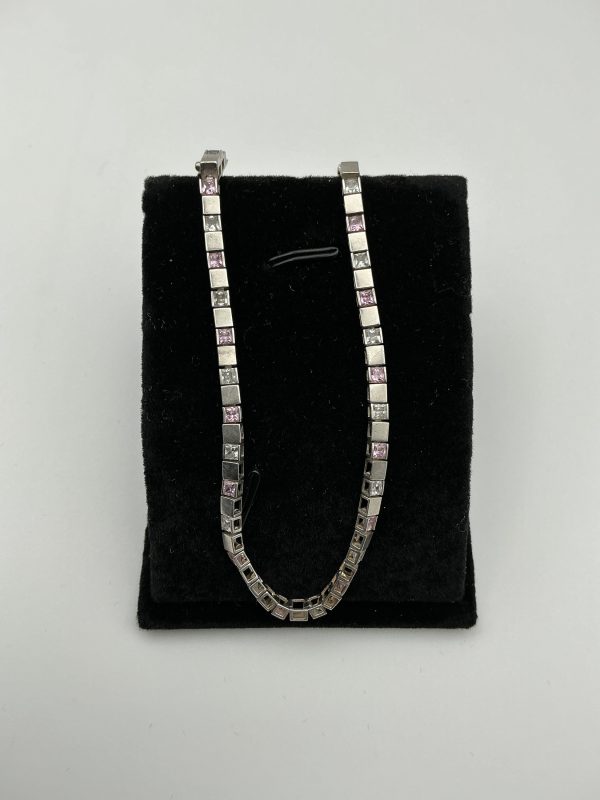 Luxury 925 Silver Pink & Clear Glass Tennis Bracelet, 7” Length, 8.2g - Image 2