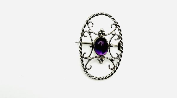 Vintage Sterling Silver and Amethyst Cabochon Brooch – 7.3g, Ornate Twisted Frame Design - Image 3