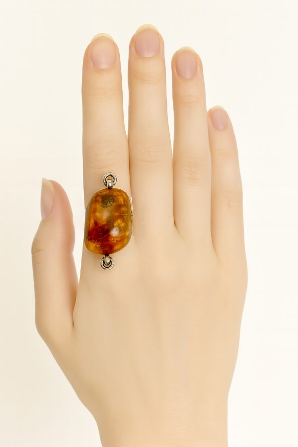 Sterling Silver Natural Amber Statement Ring – Size M/N, 7.5g | Artisan Baltic Amber Jewelry - Image 2