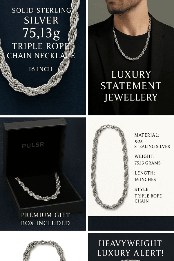Solid Sterling Silver 75.13g Triple Rope Chain Necklace – 16 Inch | Luxury Statement Jewellery - Image 4