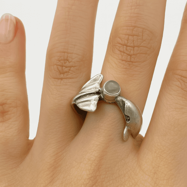 Sterling Silver Dolphin Wrap Ring with Moonstone – Size O, 4.8g | Nautical Ocean-Themed Jewellery - Image 3