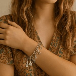 Sterling Silver Charm Bracelet – 9 Unique Charms – 8” – 20.7g – Vintage Inspired