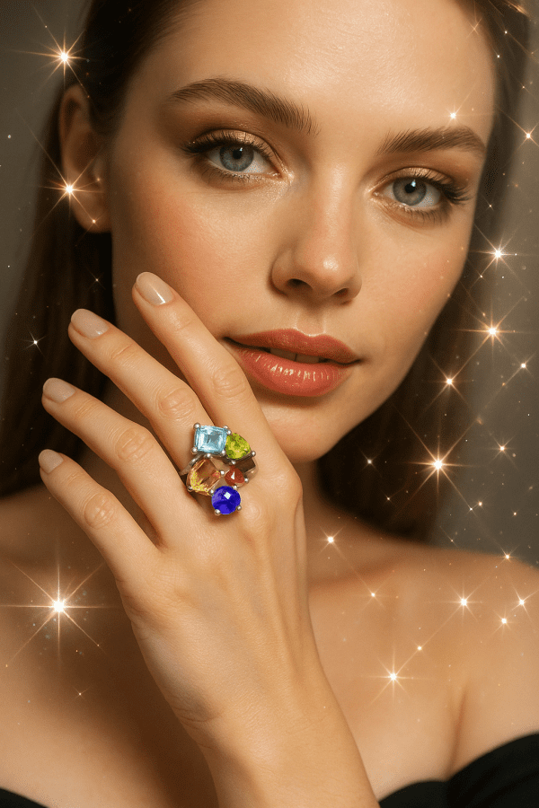 Sterling Silver Multi-Gemstone Cocktail Ring – Amethyst, Topaz, Citrine, Garnet & Peridot | Size L | 925 Hallmarked | 4.4g