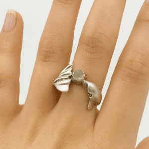 Sterling Silver Dolphin Wrap Ring with Moonstone – Size O, 4.8g | Nautical Ocean-Themed Jewellery