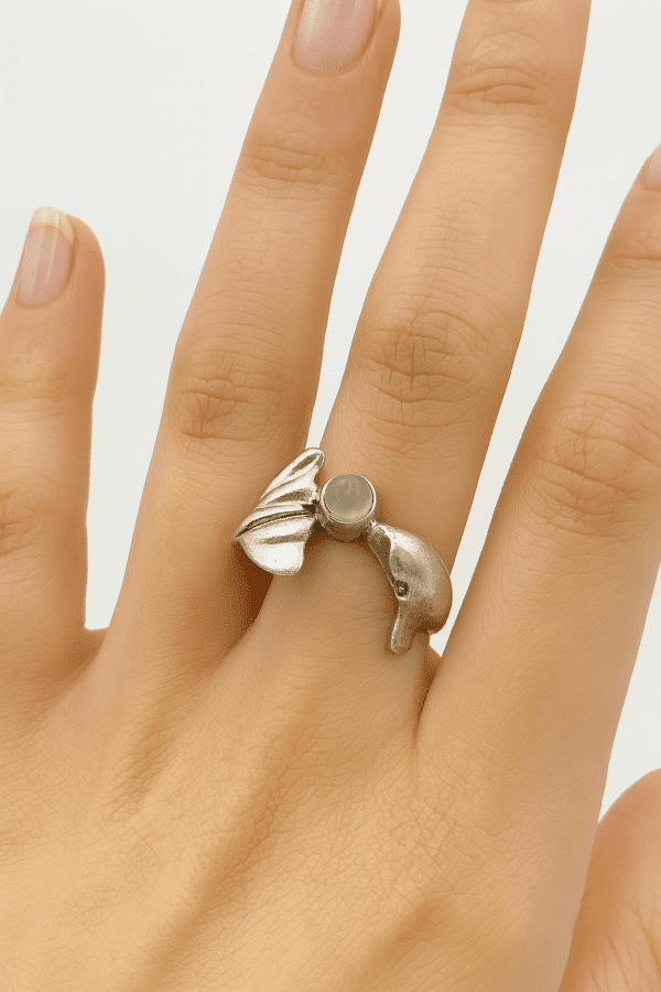 Sterling Silver Dolphin Wrap Ring with Moonstone – Size O, 4.8g | Nautical Ocean-Themed Jewellery