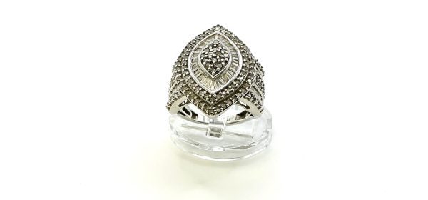 Sterling Silver Diamond Cocktail Ring – Size O, 7.6g – Marquise Cluster Statement Ring - Image 4